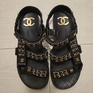 CHANEL Black Sandals with Gold Chain Details